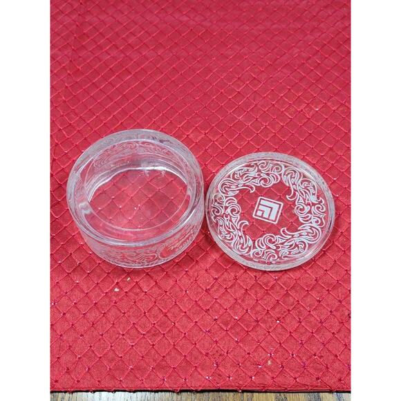 Vintage Lucien Lelong Powder Jar, Glass Clear & White Scrolling With Lid - Picture 3 of 5